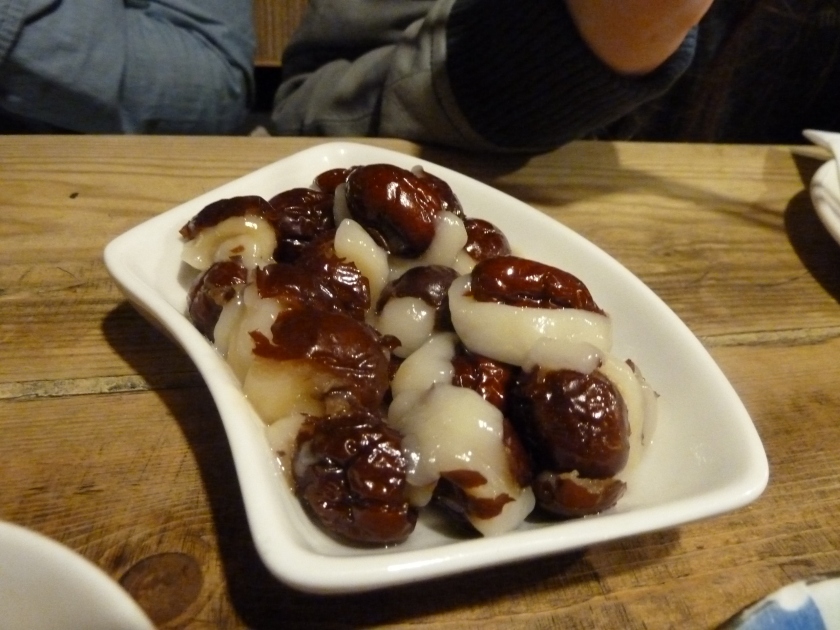 Dates with honey stuffed with mochi? (If memory serves me). The savoury-sweet mix here was a clash, not a complement. 